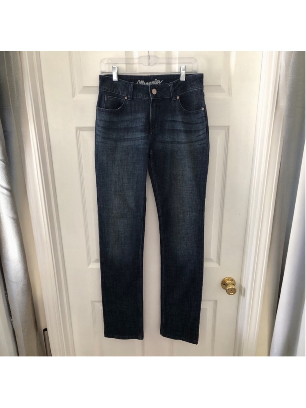 Wrangler Straight Leg Dark Wash Jeans Juniors Size 5 x 36. Extra Long. Y2K Retro